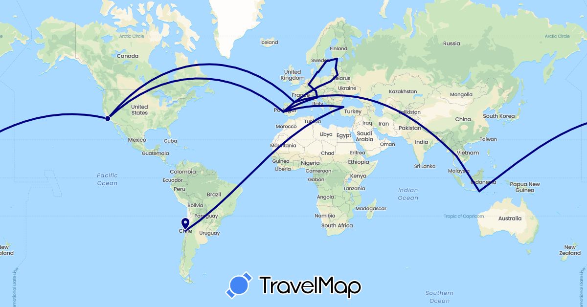TravelMap itinerary: driving in Chile, Germany, Denmark, Estonia, Spain, Finland, Indonesia, Italy, Lithuania, Latvia, Poland, Portugal, Sweden, Thailand, Turkey, United States (Asia, Europe, North America, South America)